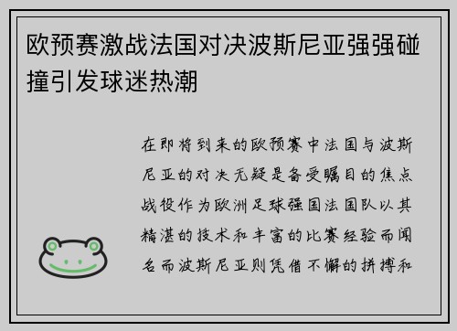 欧预赛激战法国对决波斯尼亚强强碰撞引发球迷热潮