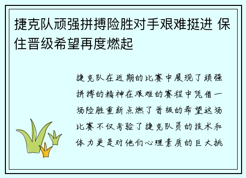 捷克队顽强拼搏险胜对手艰难挺进 保住晋级希望再度燃起