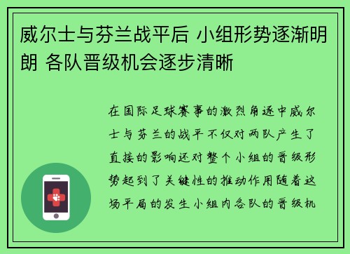 威尔士与芬兰战平后 小组形势逐渐明朗 各队晋级机会逐步清晰