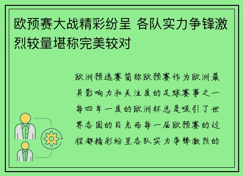 欧预赛大战精彩纷呈 各队实力争锋激烈较量堪称完美较对