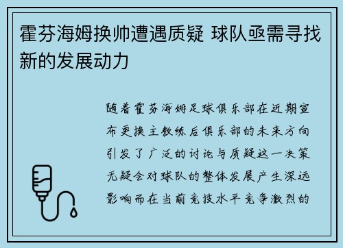 霍芬海姆换帅遭遇质疑 球队亟需寻找新的发展动力