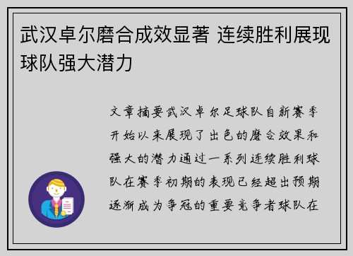 武汉卓尔磨合成效显著 连续胜利展现球队强大潜力