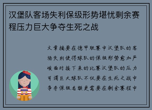 汉堡队客场失利保级形势堪忧剩余赛程压力巨大争夺生死之战