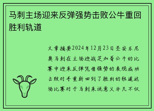 马刺主场迎来反弹强势击败公牛重回胜利轨道